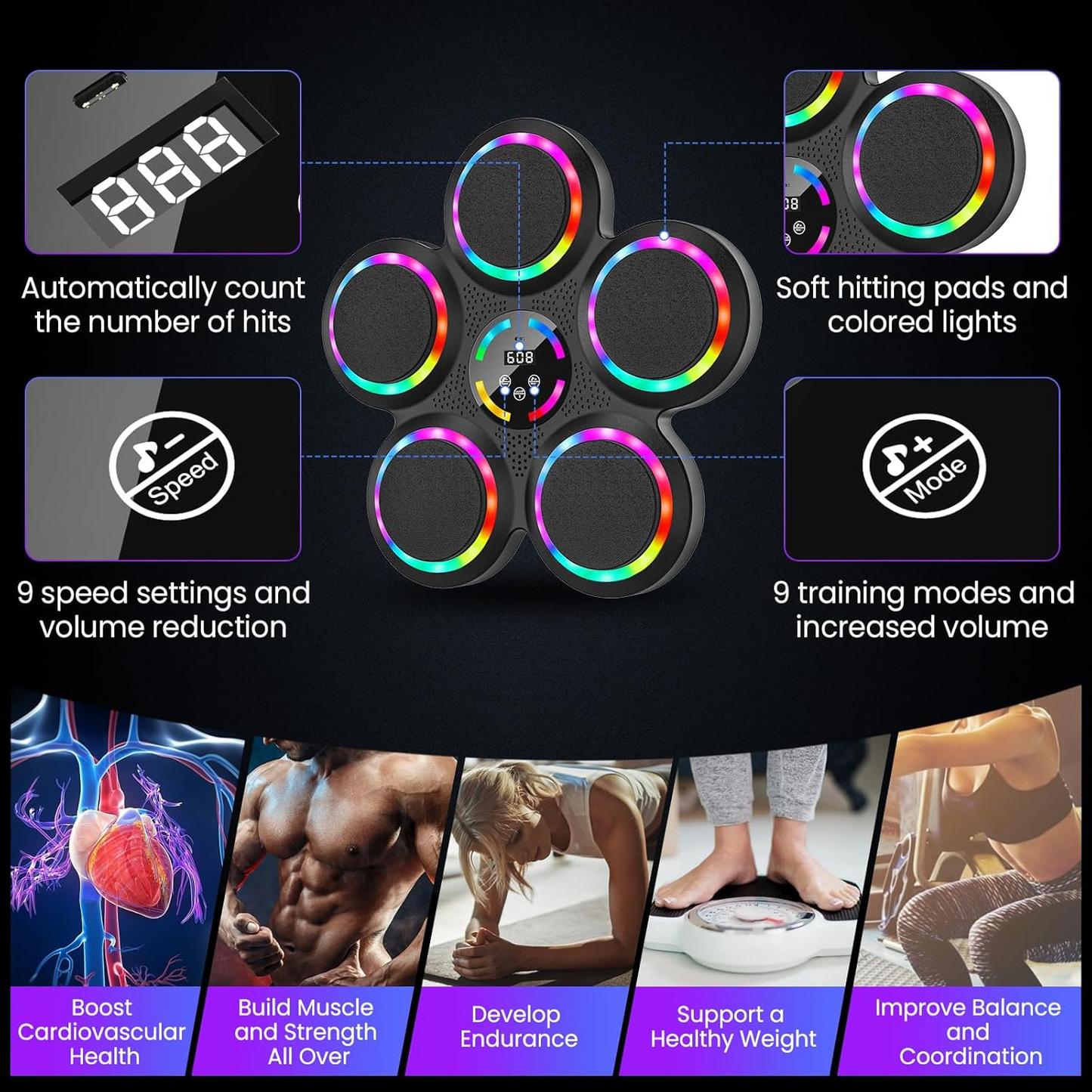 Smart Music Boxing Machine: Wall Mounted Punching Target with LED Lights & Bluetooth for Adults & Kids