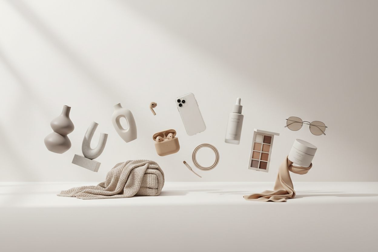 Generate a clean and modern banner for a general e-commerce store.
Style: minimalist, premium, neutral colors with a soft accent in #c7a586.
Layout: wide horizontal banner 1147 × 426, high-resolution, balanced spacing.
Theme: lifestyle + product variety (home goods, tech accessories, beauty, fashion) displayed as a curated collection, not brand-specific.